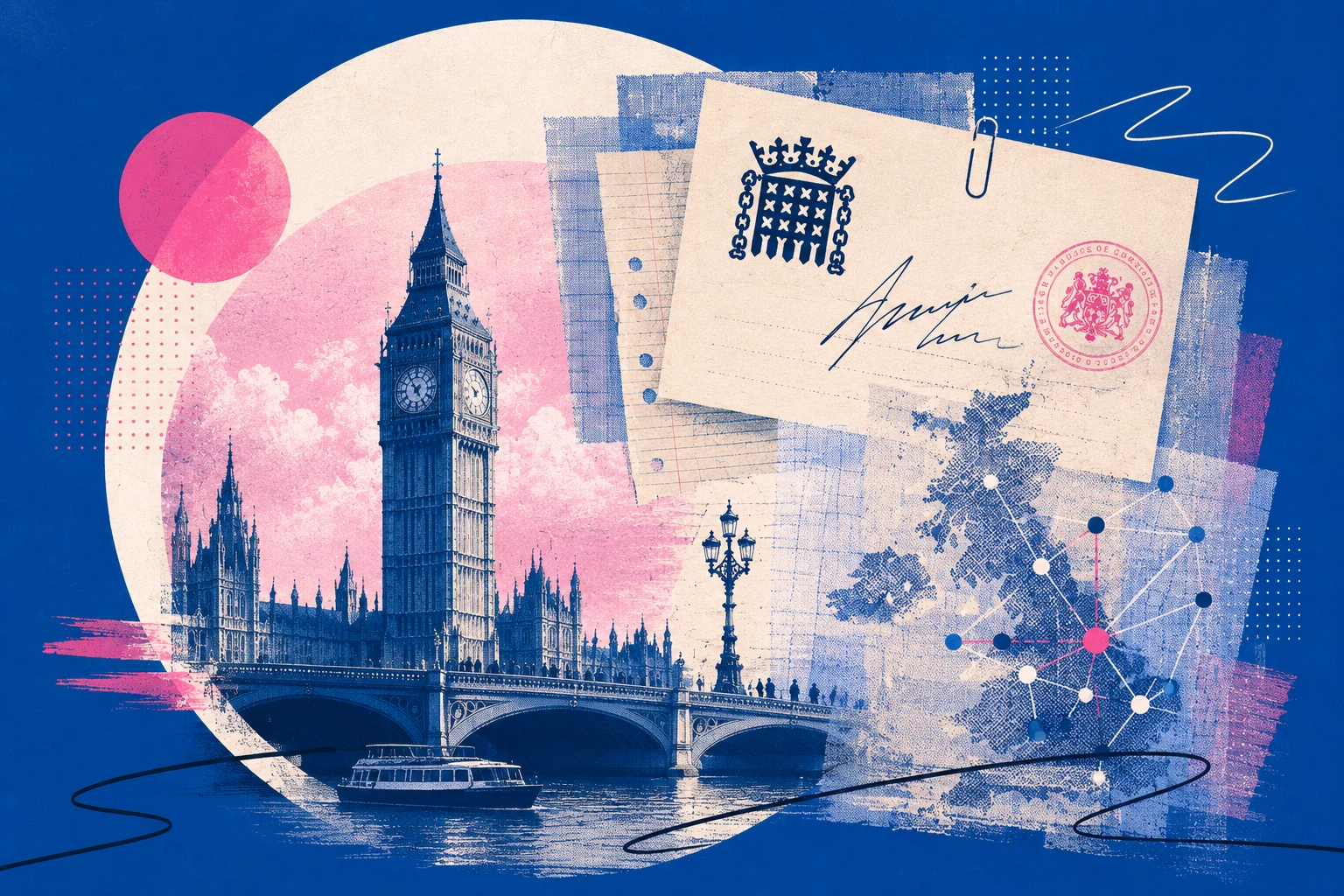 Editorial collage of Westminster, official correspondence and a UK map